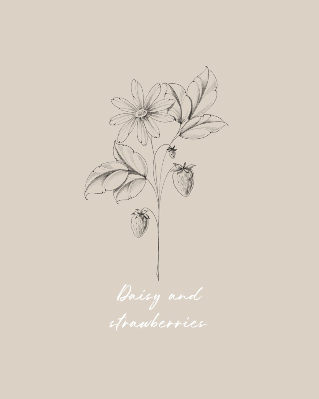 A minimalistic line drawing of a strawberry and daisy plant with leaves, Fineline & Botanical Tattoo Design Concept at Inkwaves tattoo Studio