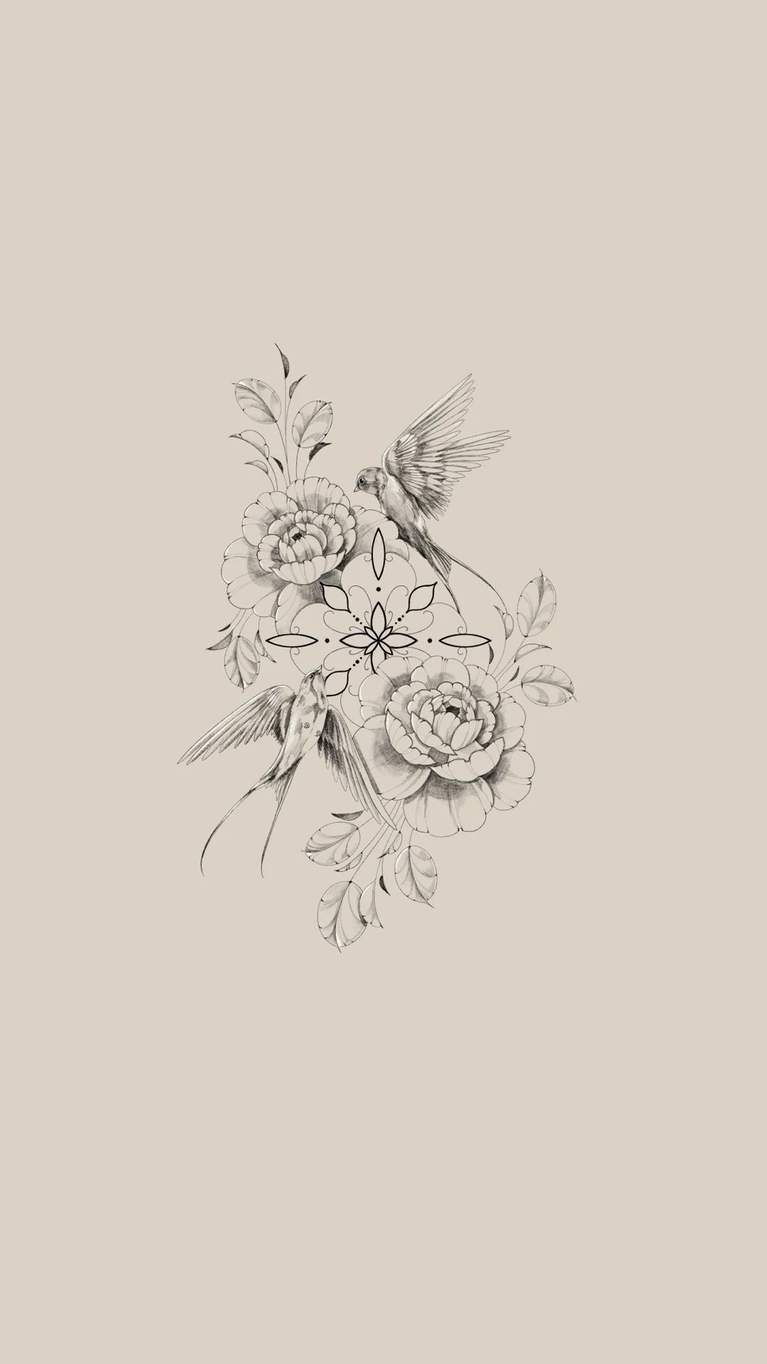 Line drawing of two hummingbirds flying around a floral arrangement with large flowers and leaves, and a decorative geometric design in the center, on a beige background.