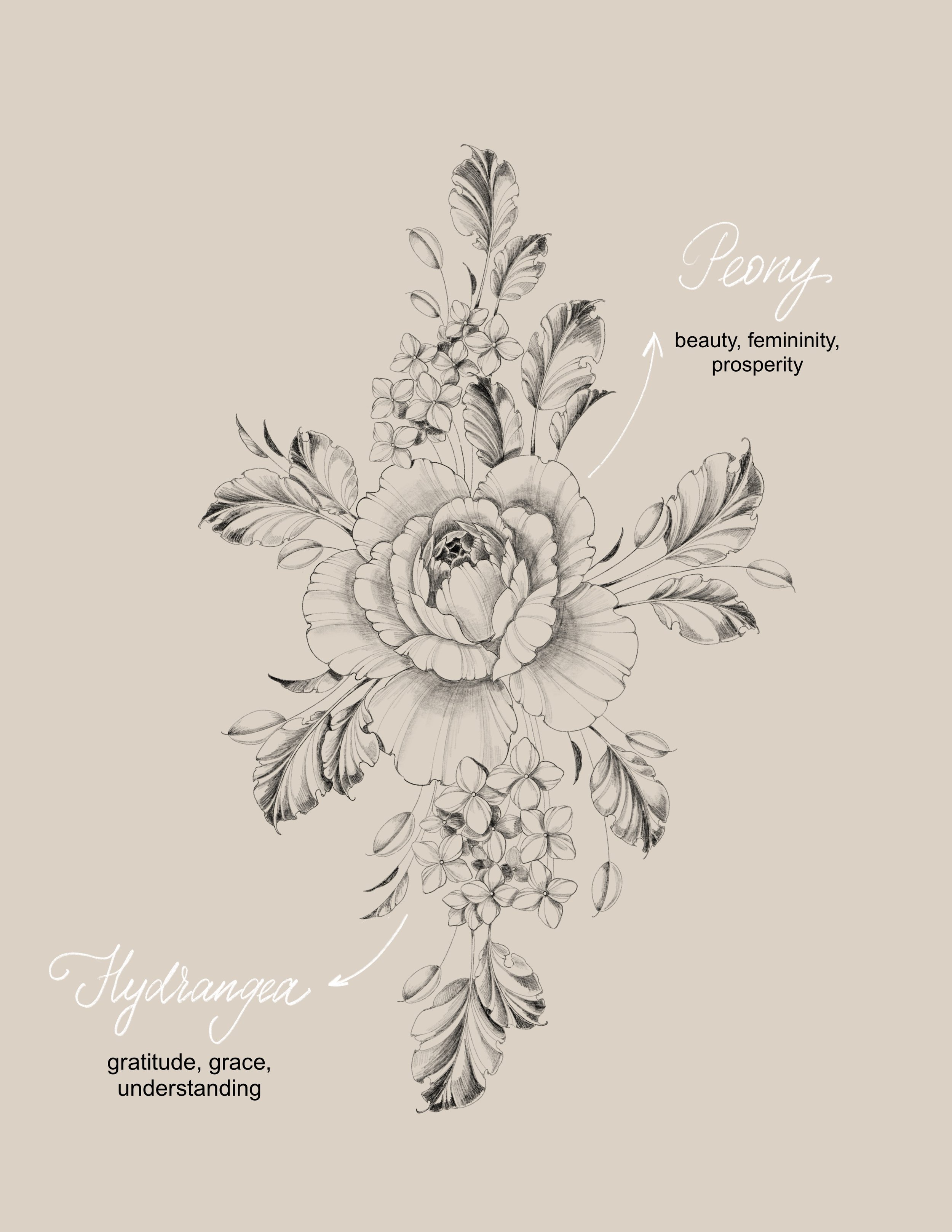Line art drawing of a peony flower with leaves and smaller flowers. Fineline & Botanical Tattoo Design Concept at Inkwaves tattoo Studio