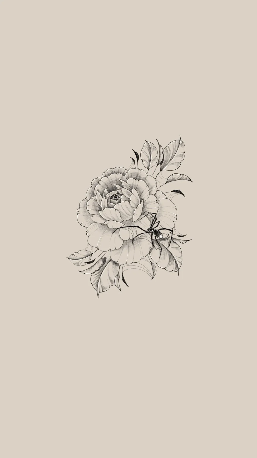 A black and white illustration of a flower with detailed petals and leaves, with a small black ant on one of the petals, on a beige background.