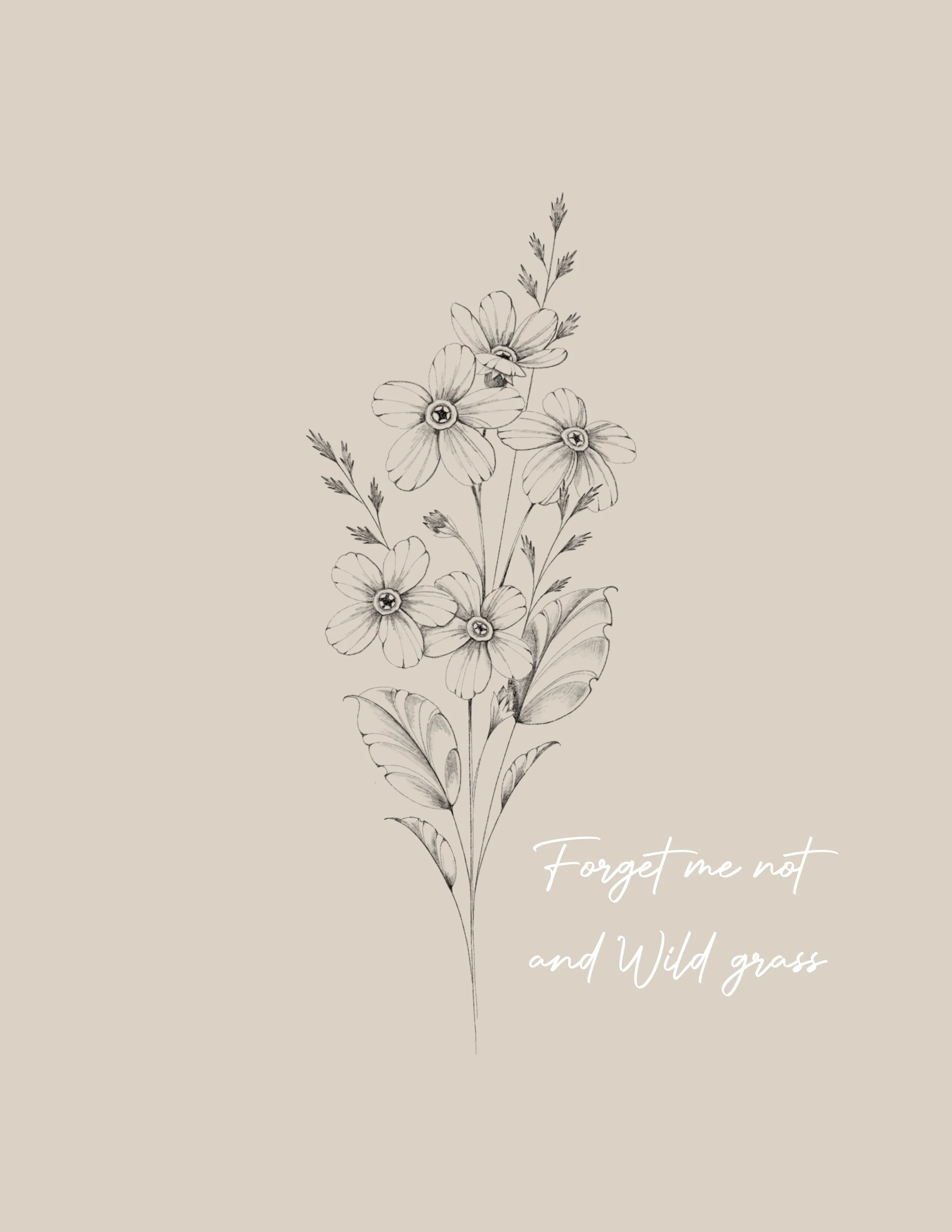 A beige background with a black and white line drawing of a bouquet of wildflowers. Fineline & Botanical Tattoo Design Concept at Inkwaves tattoo Studio