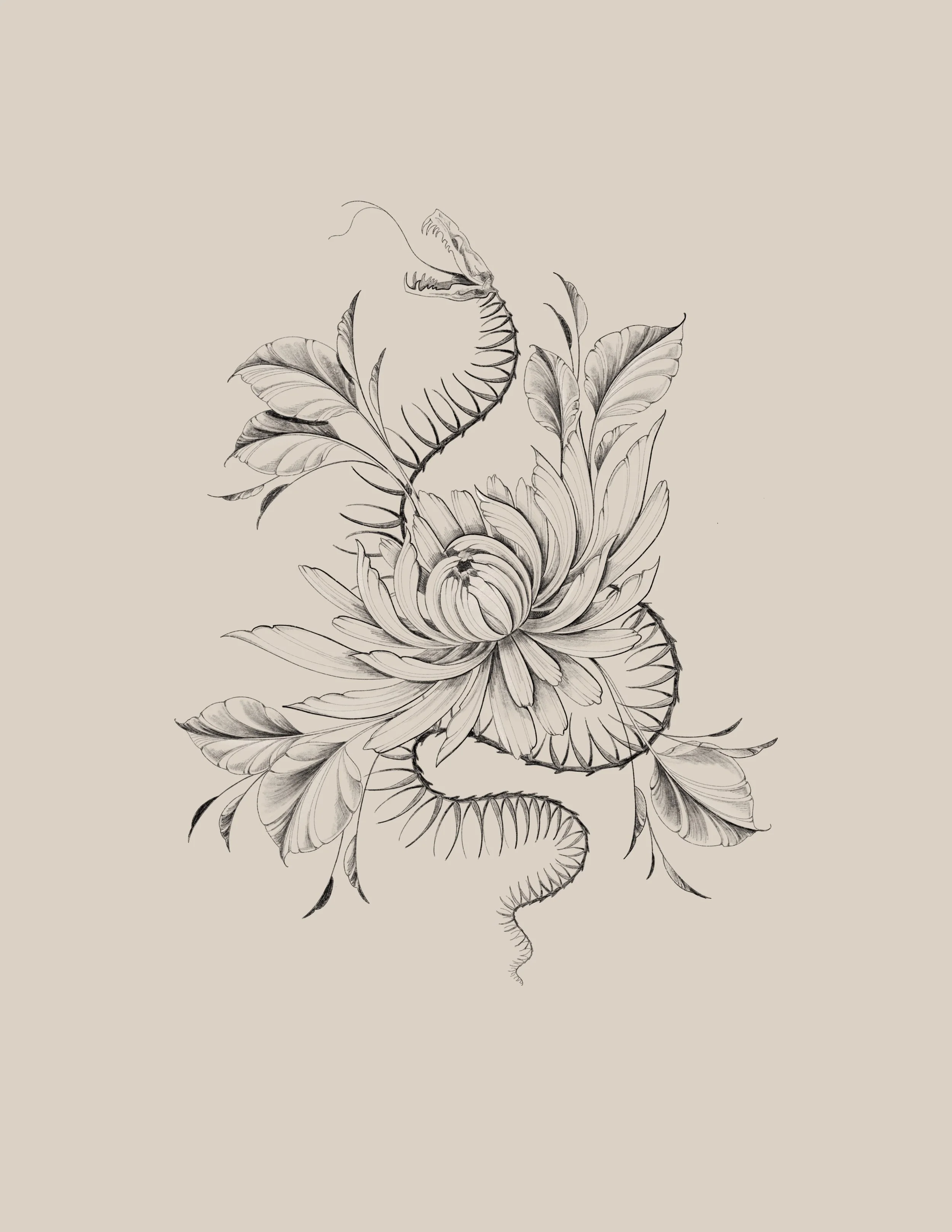 Line art illustration of a snake coiled around a large flower with detailed leaves, set against a light beige background.