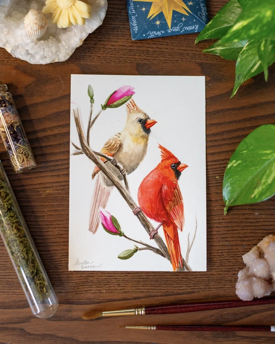 Watercolor painting of a light brown and beige bird with an orange beak and crest, and a red bird with a black face and an orange beak, both perched on a branch with pink buds.