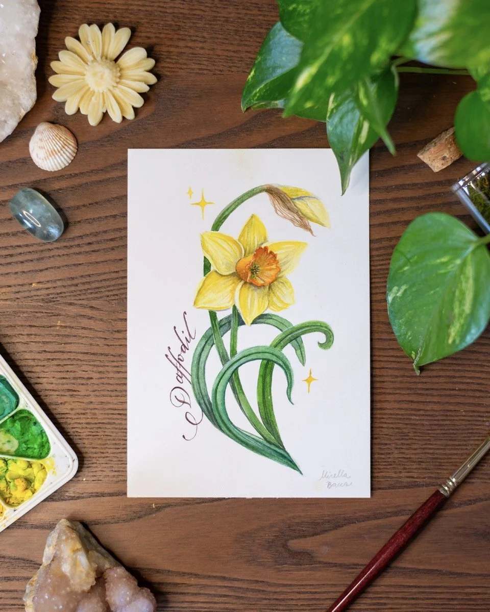 A hand-drawn illustration of a daffodil with yellow petals and an orange center, surrounded by green leaves and stems, on a white piece of paper placed on a wooden surface with decorative stones, shells, a watercolor palette, and green plants around 