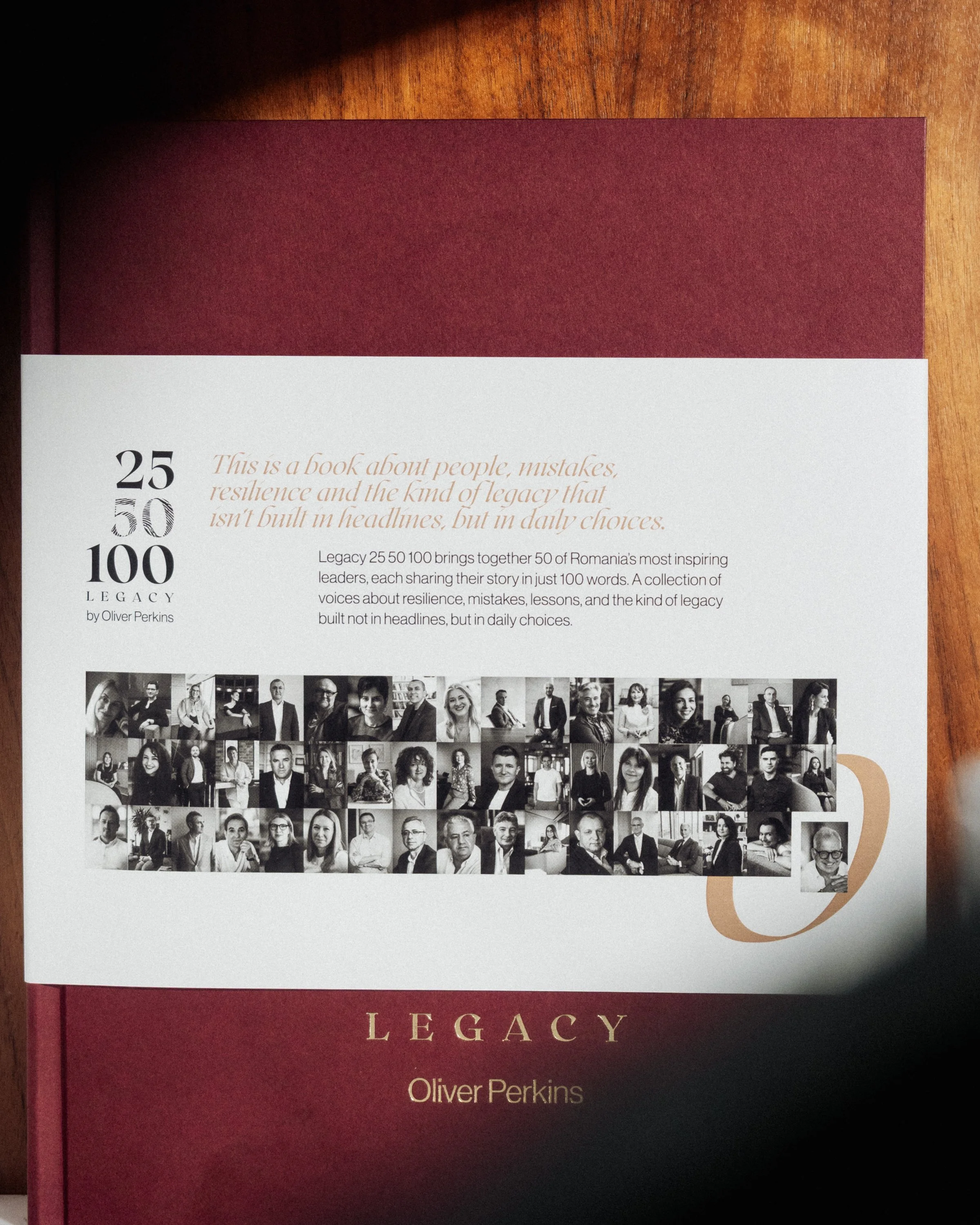Cover of the book 'Legacy' by Oliver Perkins, featuring a collage of black-and-white portraits of diverse people, with text describing the book about resilience, mistakes, and legacy, and the title and author's name.