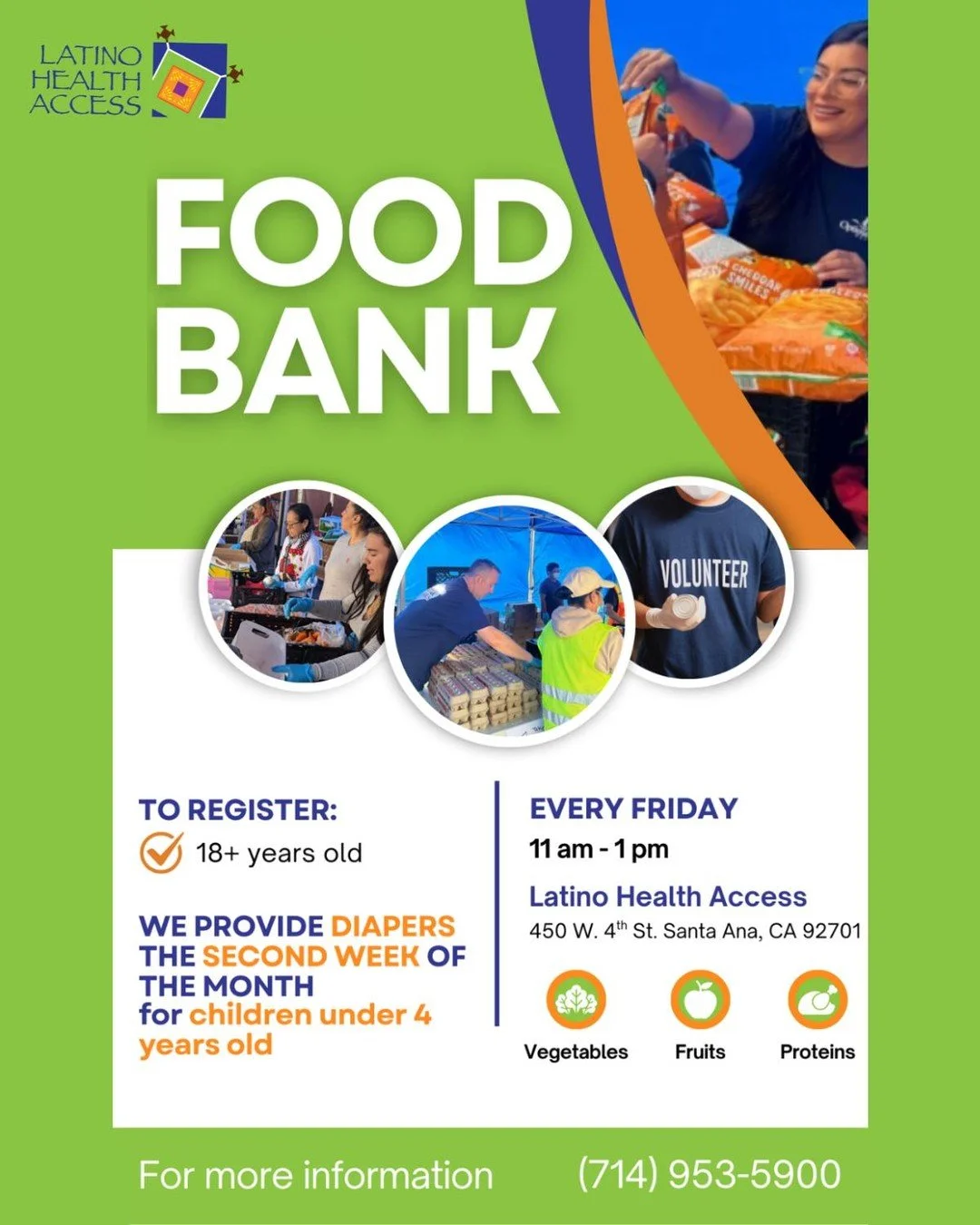 Join our food distribution today, starting at 11:00 a.m.

If you're interested in becoming a volunteer, contact our volunteer coordinator at bcervantes@latinohealthaccess.org

**If you are coming for the first time please be prepared with your I.D. a