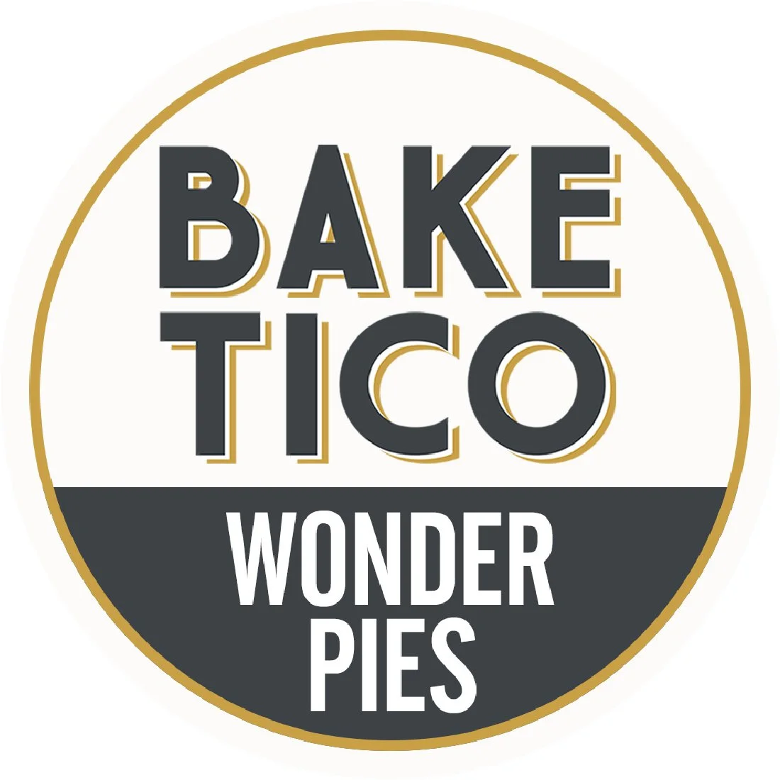 Bakery logo with the words "Bake Tico Wonder Pies" inside an oval border, black and white background, gold outline.