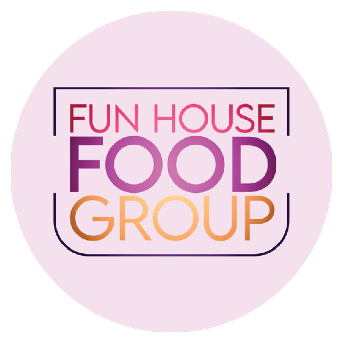 Logo for Fun House Food Group with colorful text on a pink and purple background.