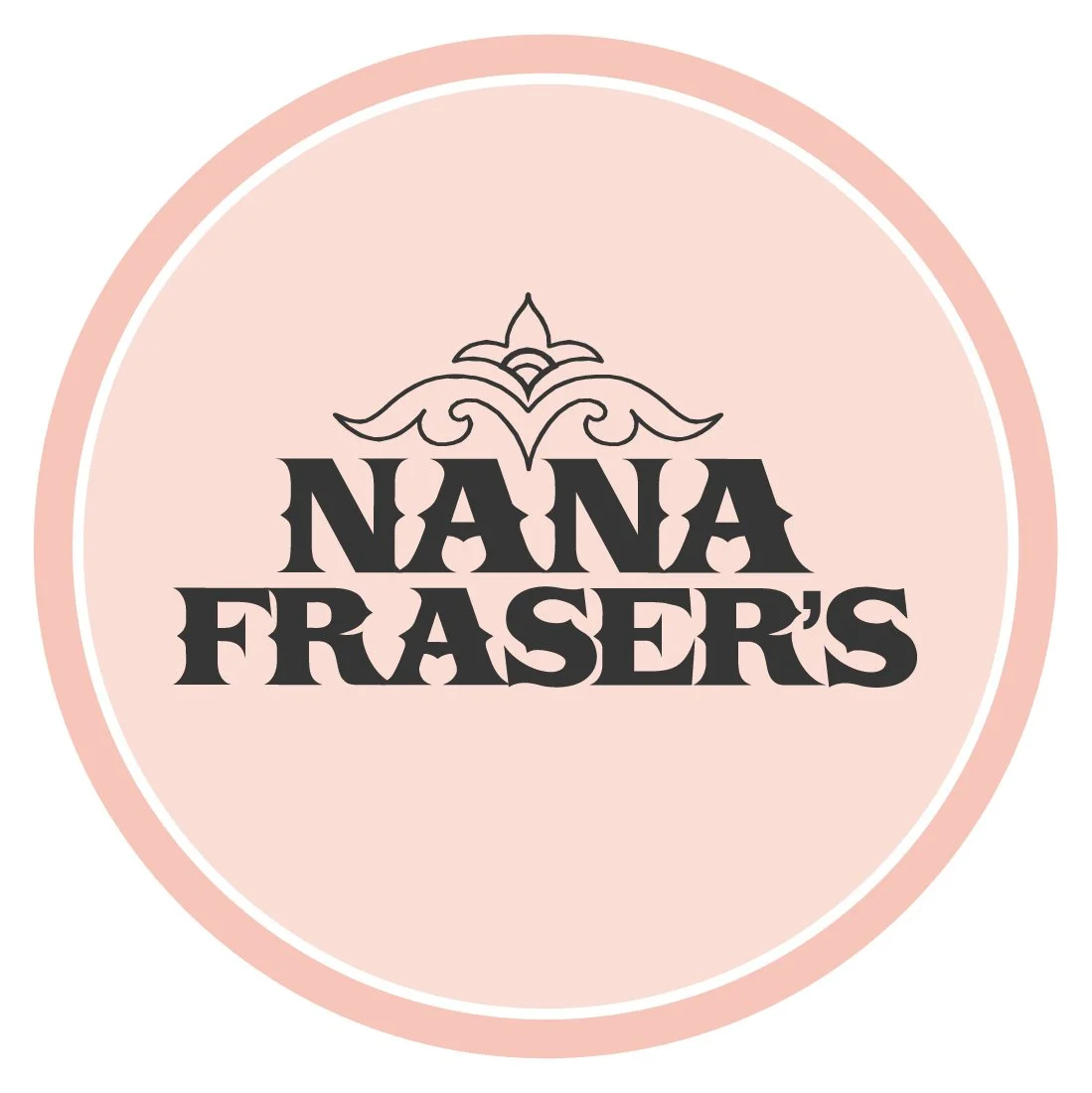 Logo for Nana Fraser's with pink circular background, black decorative floral emblem, and bold black text reading 'NANA FRASER'S'.