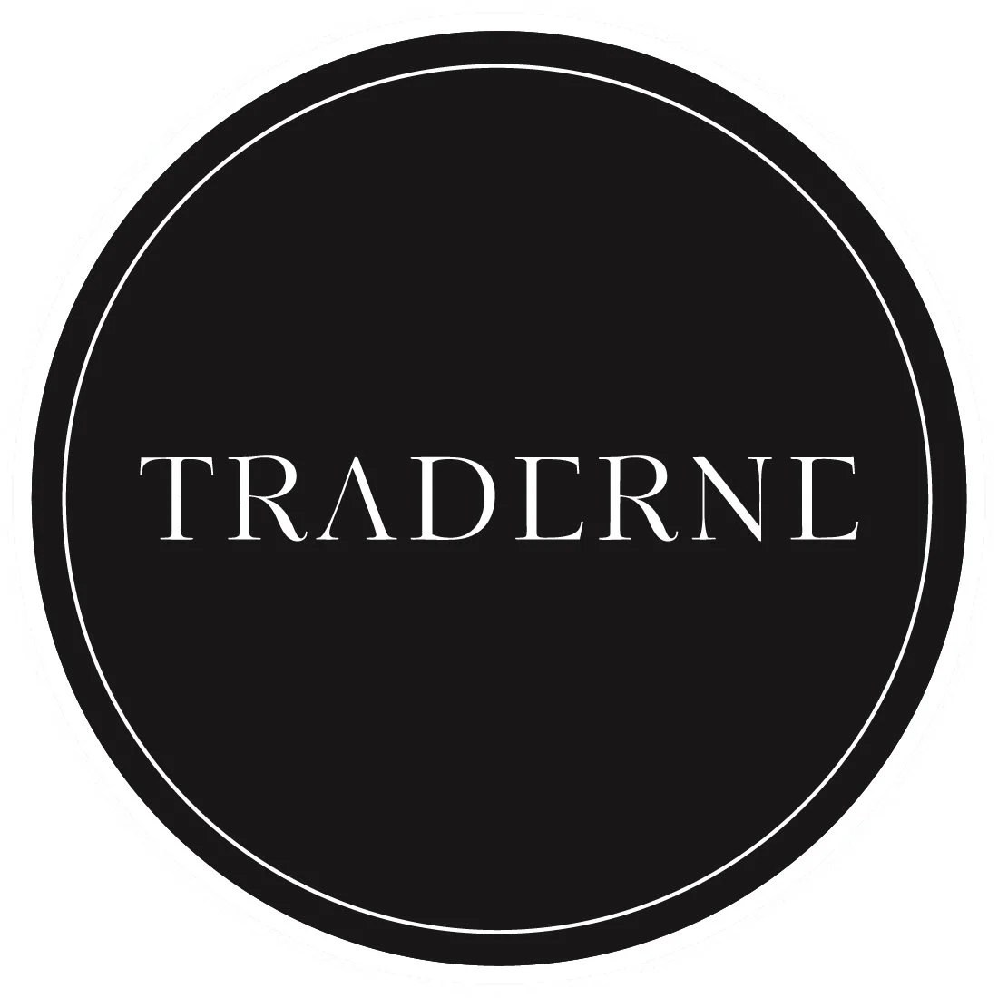 Black circular logo with white border and text that reads 'TRADERNE' in the center.
