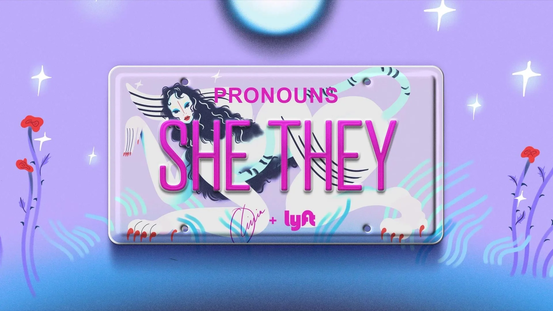 Illustrated sign with the text 'Pronouns She/They' in bright pink, featuring a drawing of a woman with long, curly black hair and blue makeup, set against a purple background with stars and plants.