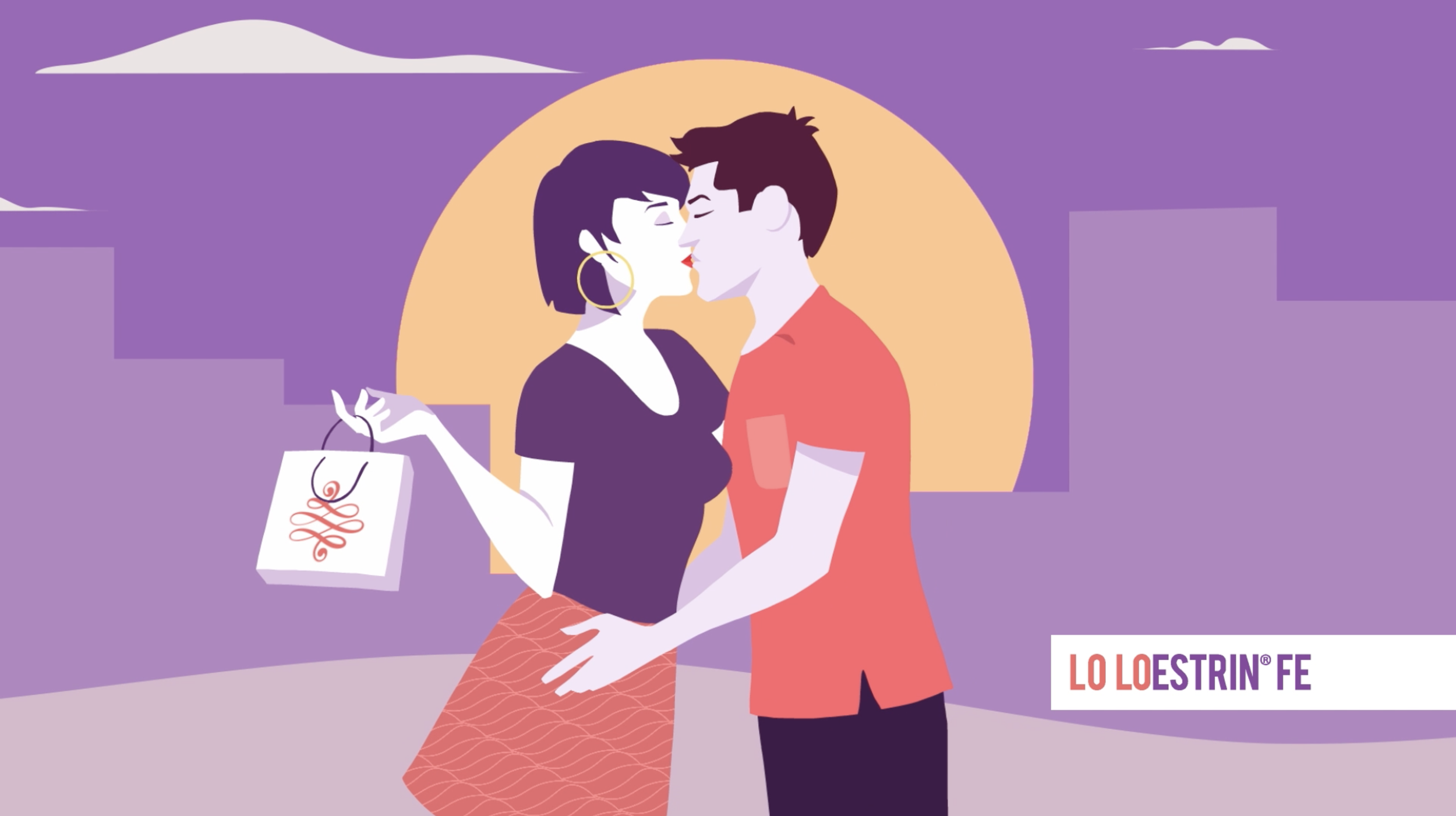 Illustration of a couple kissing in front of a sunset, woman holding a shopping bag, with the text 'LO LO ESTRIN FE' in the corner.