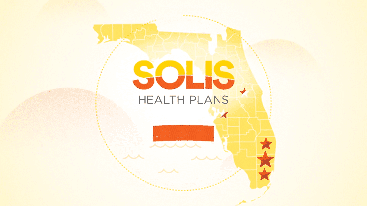 Map of Florida highlighting Solis Health Plans with a red star in the southeastern part of the state, and a red bar with an orange gradient in the water off the coast.