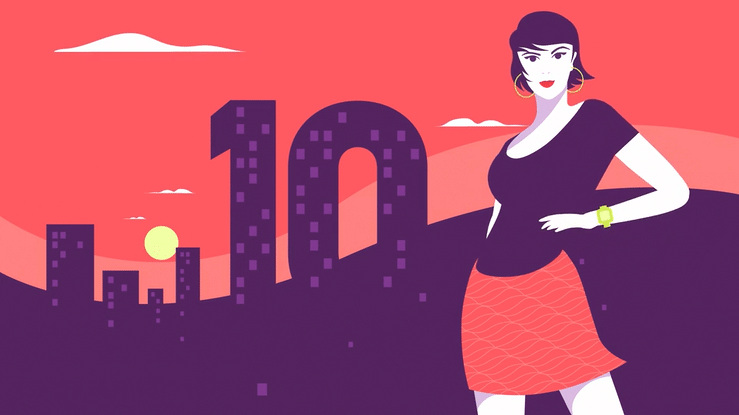 Illustration of a woman standing in front of a cityscape with a large number 10, set against a pink and purple sunset sky.