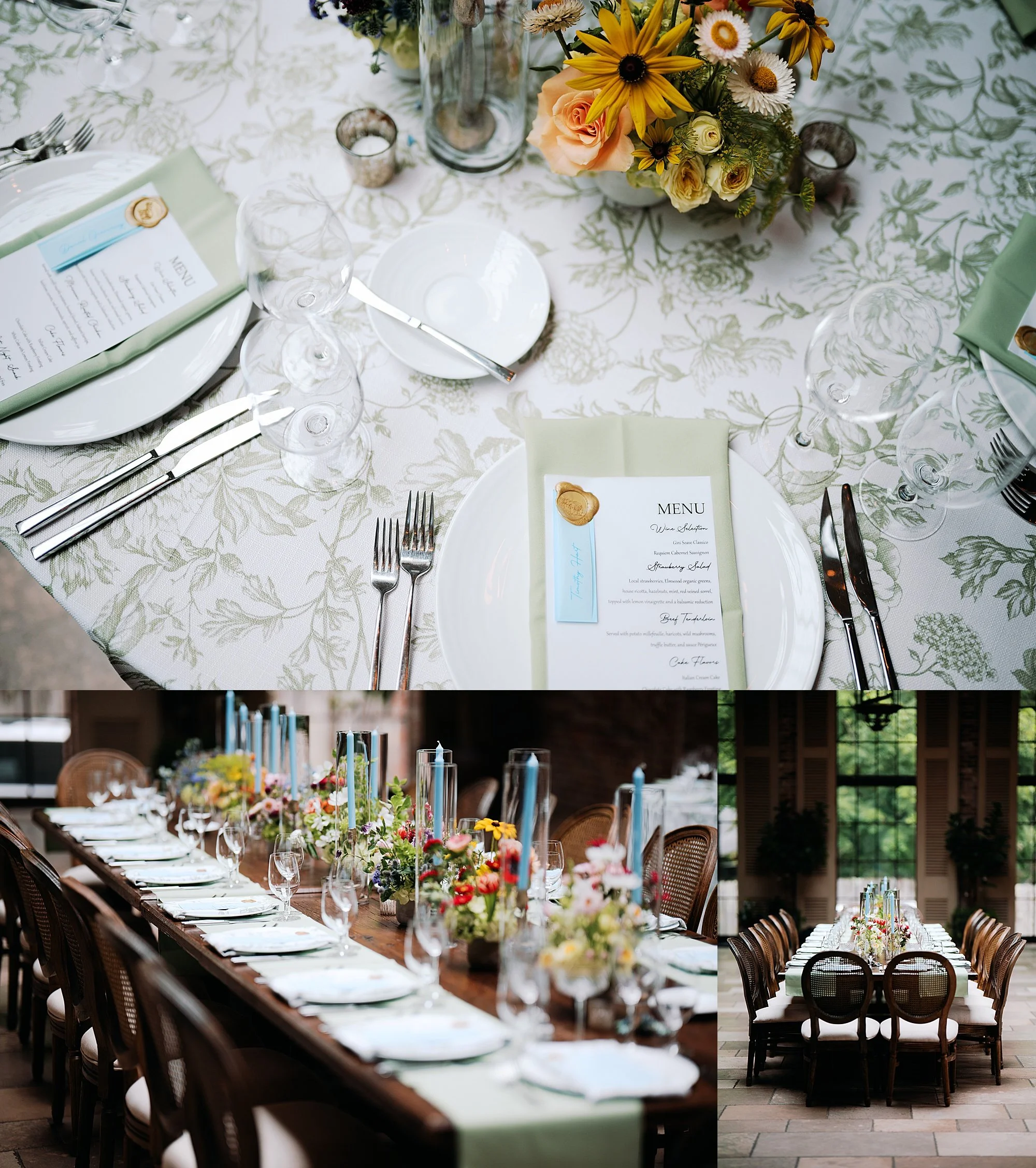 Place settings and florals at The Apiary in Lexington, Kentucky