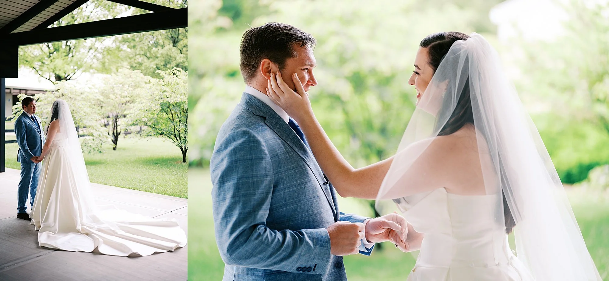 Bride touching groom's face during first look at Fasig-Tipton wedding Lexington Kentucky