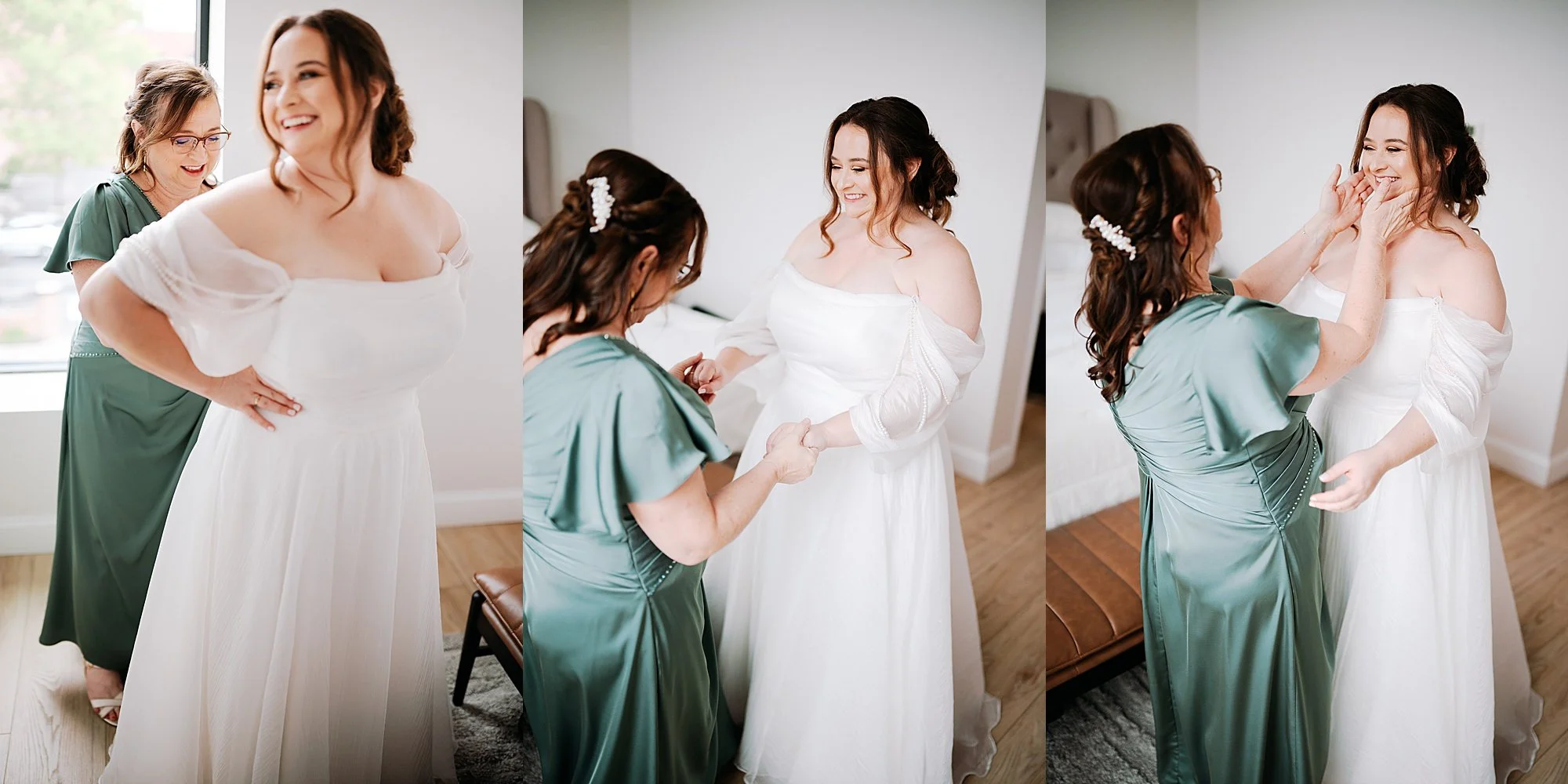 A mother helps her daughter get ready for her wedding, photographed with a documentary approach