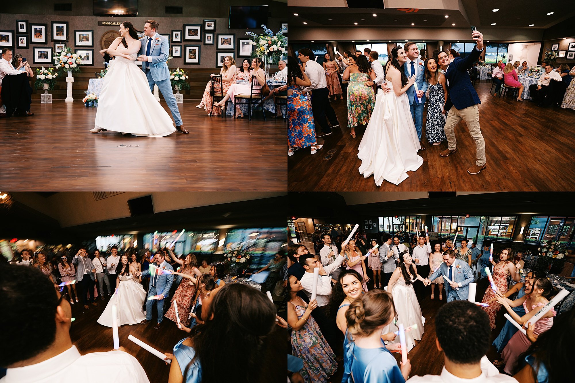 Bride and groom on packed dance floor with glow sticks at Fasig-Tipton reception