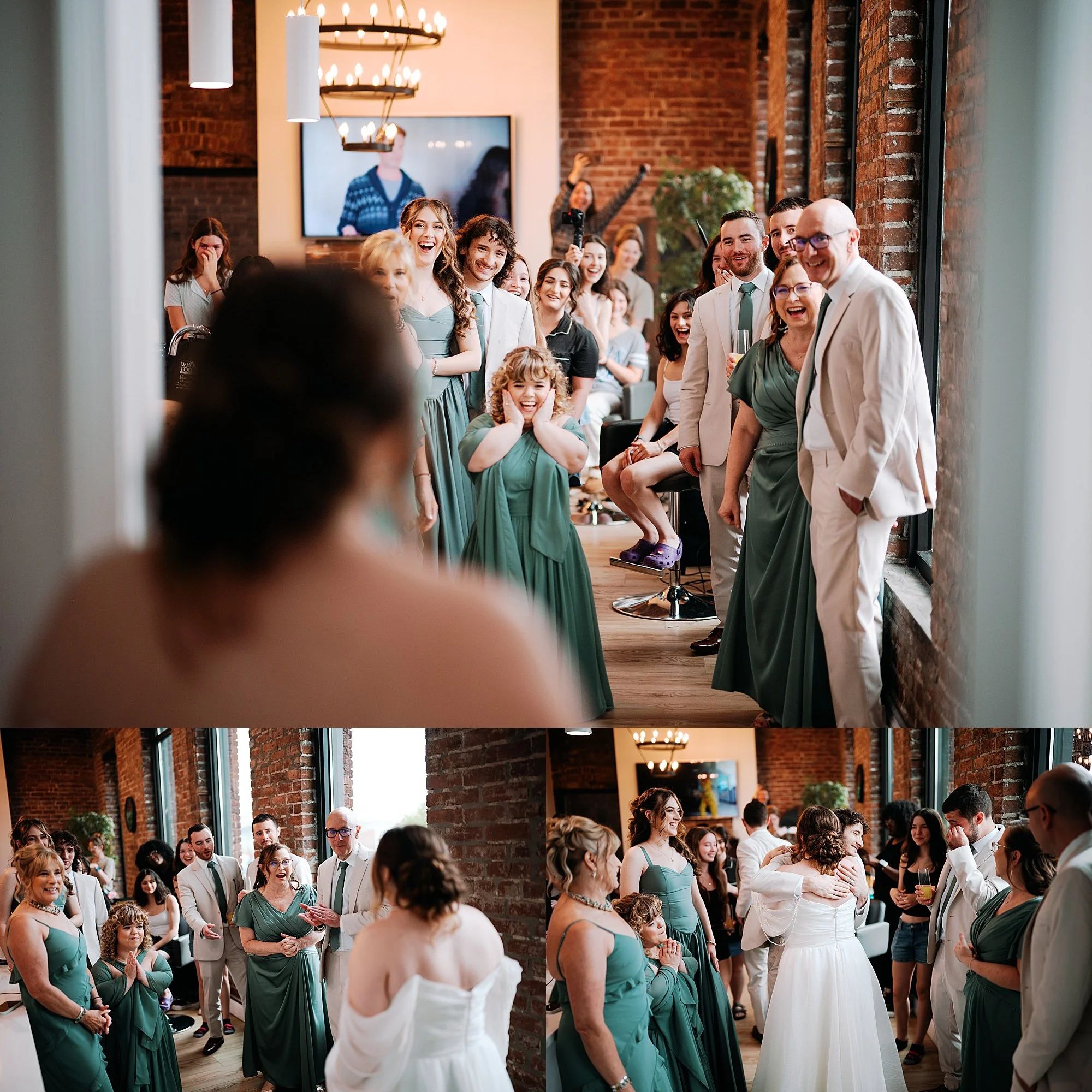Entire family reacting as bride walks in during getting ready at The Apiary wedding Lexington KY