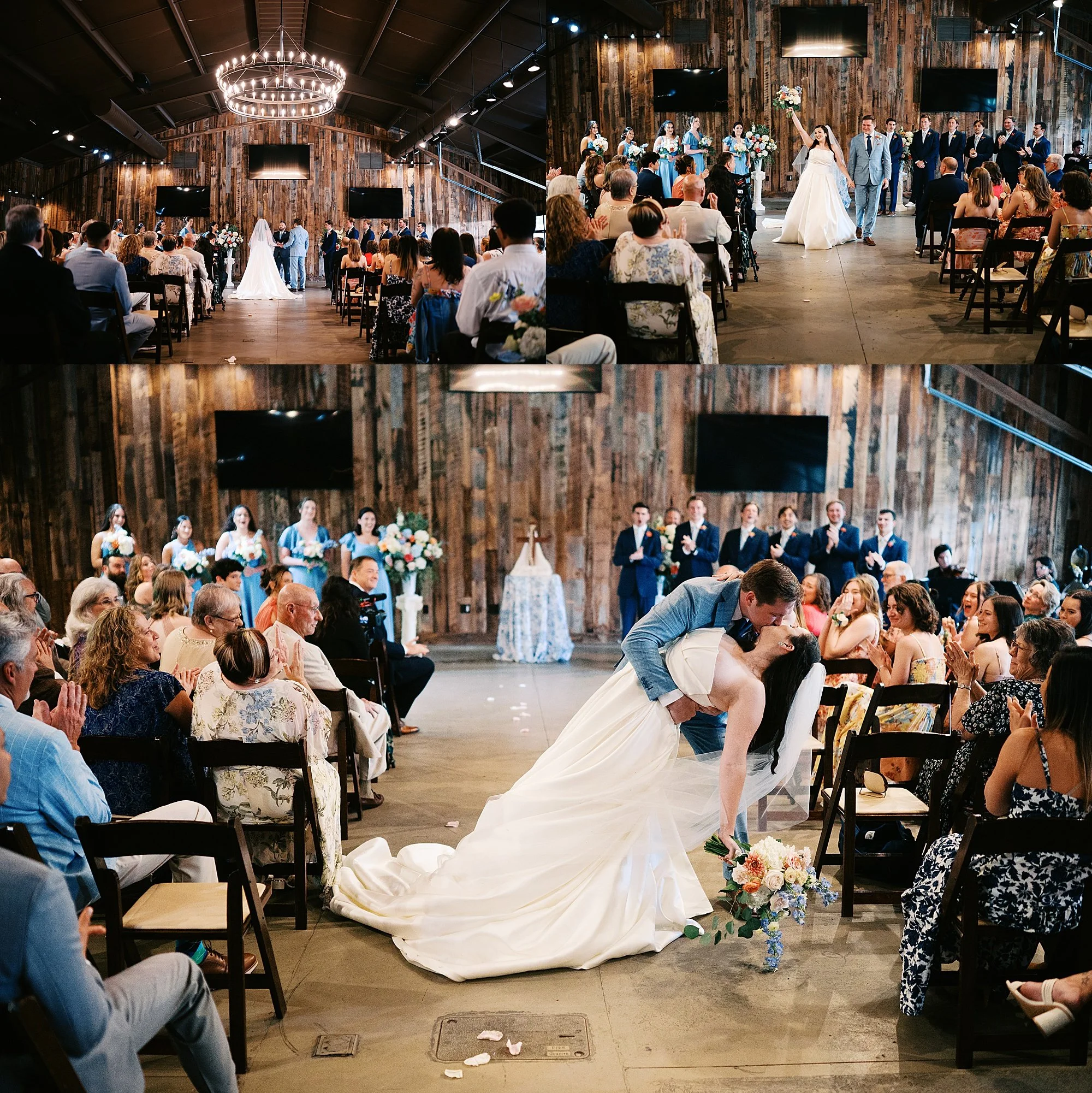 Groom dips bride during recessional at Fasig-Tipton wedding ceremony in Lexington KY