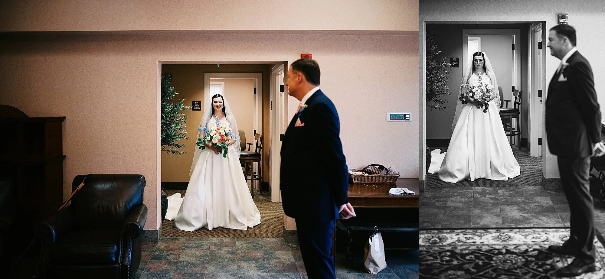 Father daughter first look before ceremony at Fasig-Tipton wedding in Lexington KY