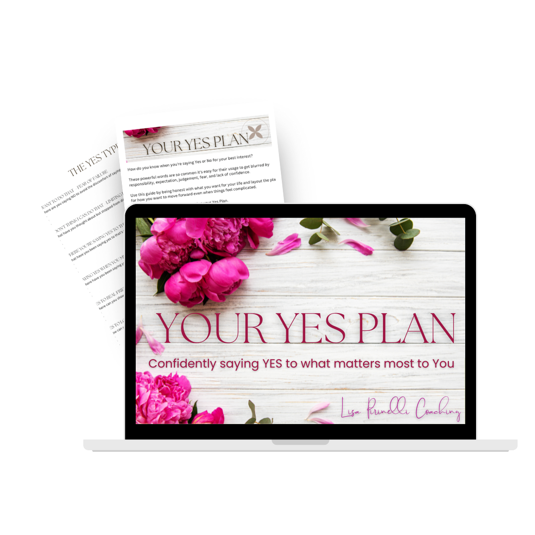 Laptop displaying 'Your Yes Plan' with pink flowers on desk, alongside printed documents.