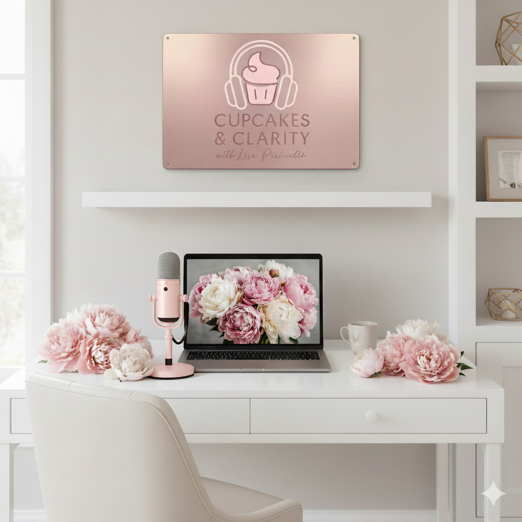 White desk with pink peonies, a laptop showing pink and white flowers on screen, a pink microphone, and a white mug. Above, a pink sign with a cupcake and headphones reads "Cupcakes & Clarity with Leza Pirelli."