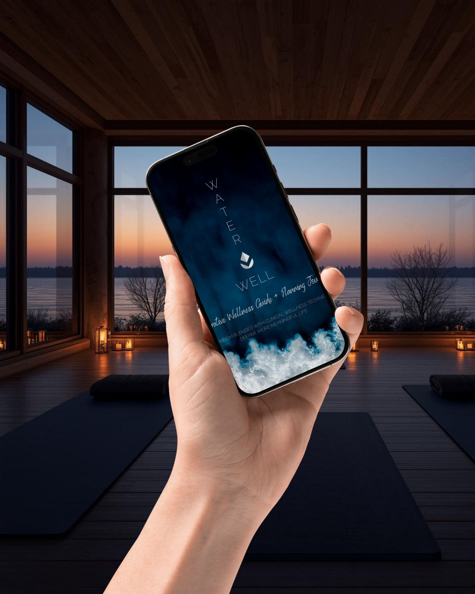 Hand holding a smartphone displaying an app called 'WATER WELL' against a tranquil lakeside sunset with yoga mats and candles inside a spacious wooden wellness studio.
