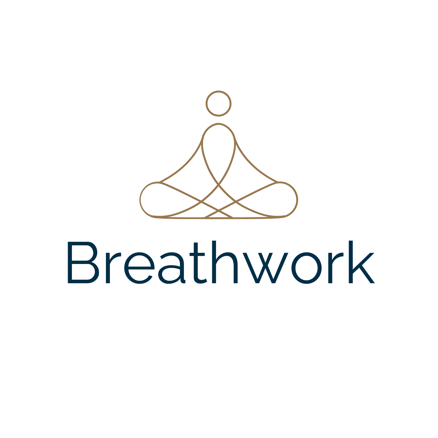 Minimalist line drawing of a person sitting cross-legged in a meditative yoga pose with hands resting on knees, above the word 'Breathwork'.