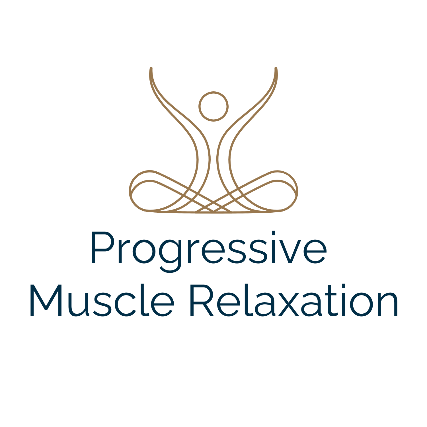 Logo with a minimalist line drawing of a person in a seated meditation pose, above the text "Progressive Muscle Relaxation" in blue.