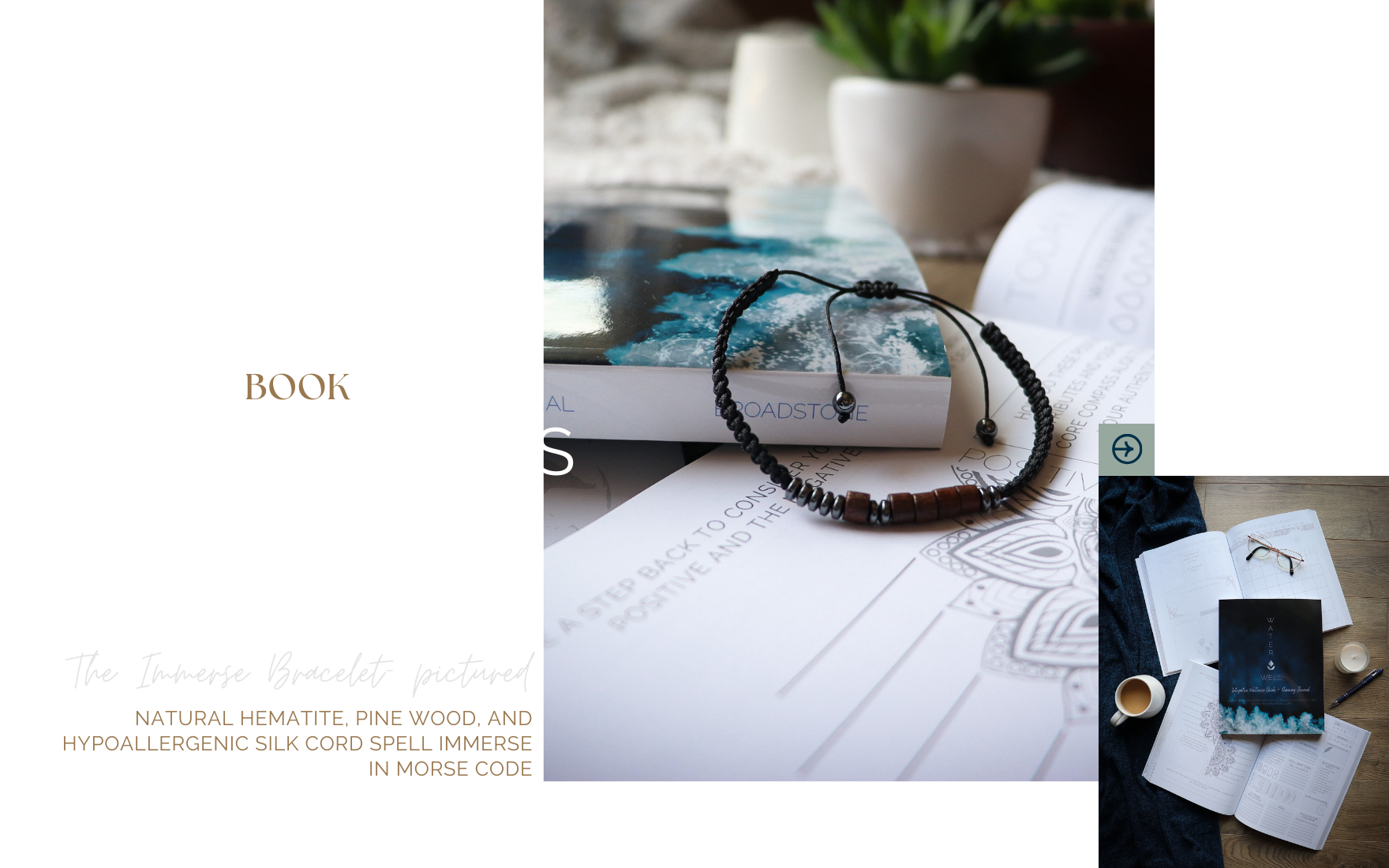 Close-up of a desk setup with a book titled "Water" next to a paperback titled "The Coast" and a notebook with eyeglasses on top, surrounded by a mug and a candle, on a wooden floor.