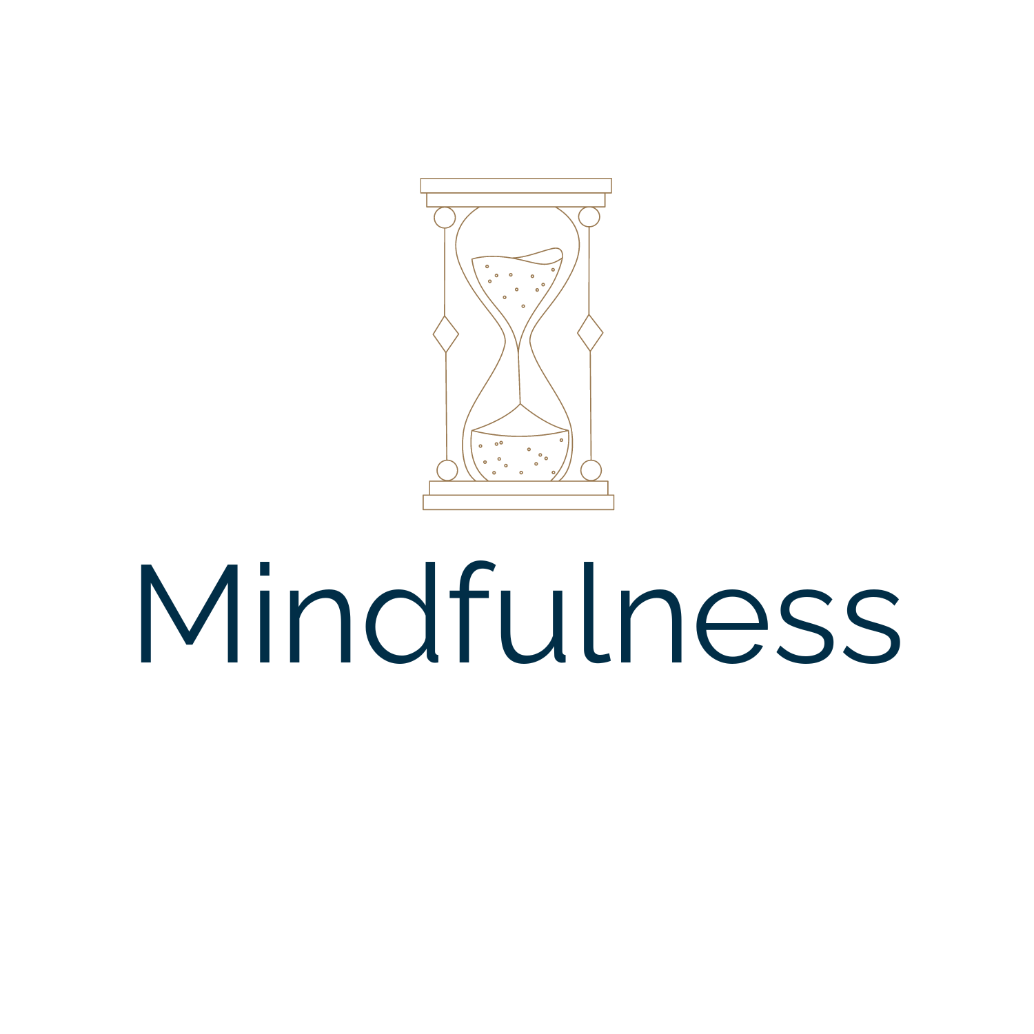 A minimalist graphic of an hourglass with sand inside, above the word 'Mindfulness' written in navy blue font.