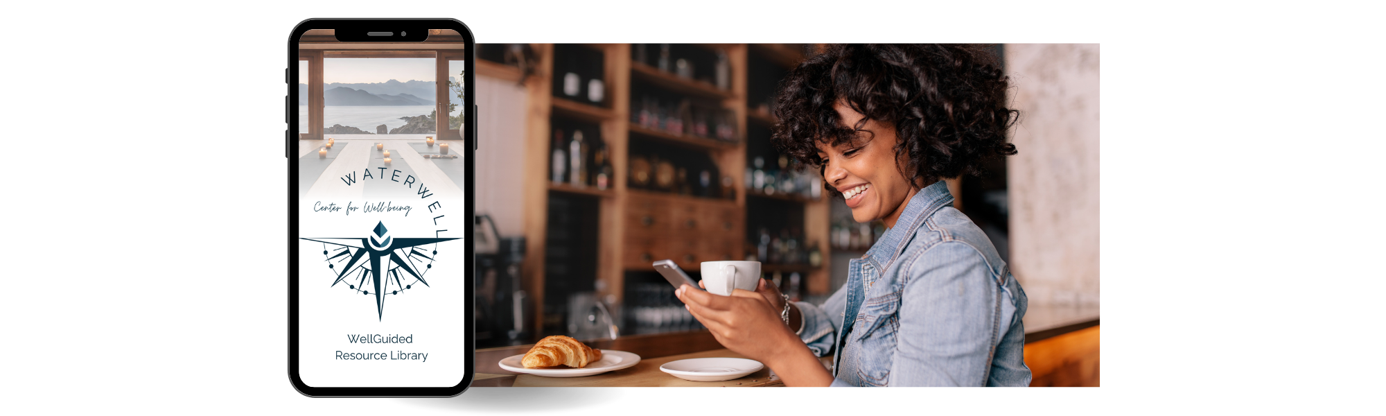 A woman sitting in a cafe, smiling and looking at her phone. There is a croissant on a plate and a cup of coffee in front of her. A large smartphone shows an app screen with the text 'Water Wellness' and a logo. The background features shelves with bottles and jars.