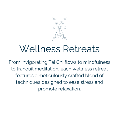 Text about wellness retreats and stress relief techniques, with an hourglass and clock icon at the top.