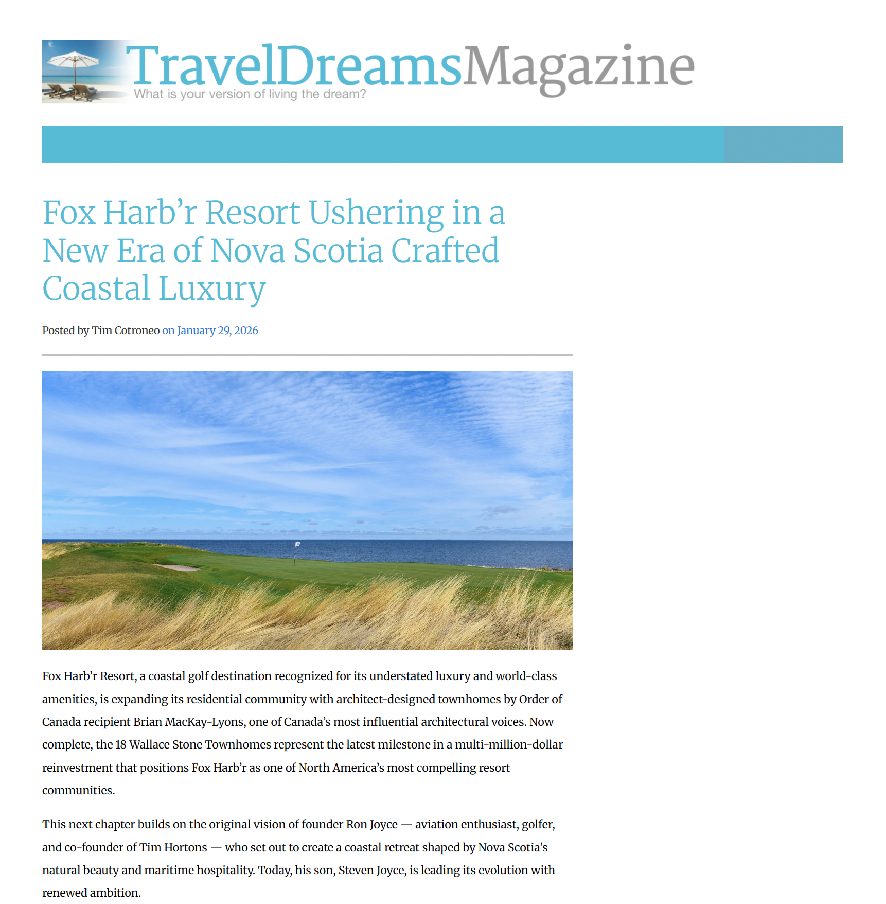 Travel Dreams Magazine: Fox Harb’r Resort Ushering in a New Era of Nova Scotia Crafted Coastal Luxury