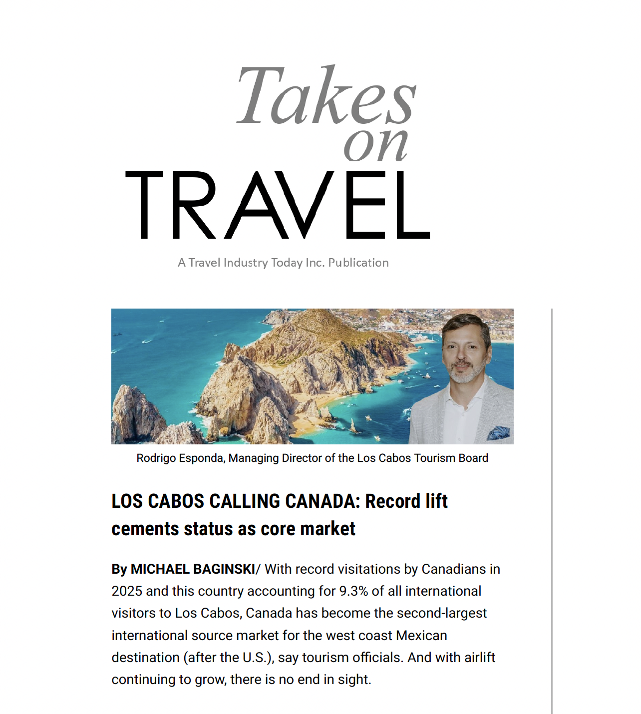 Travel Industry Today: LOS CABOS CALLING CANADA: Record lift cements status as core market
