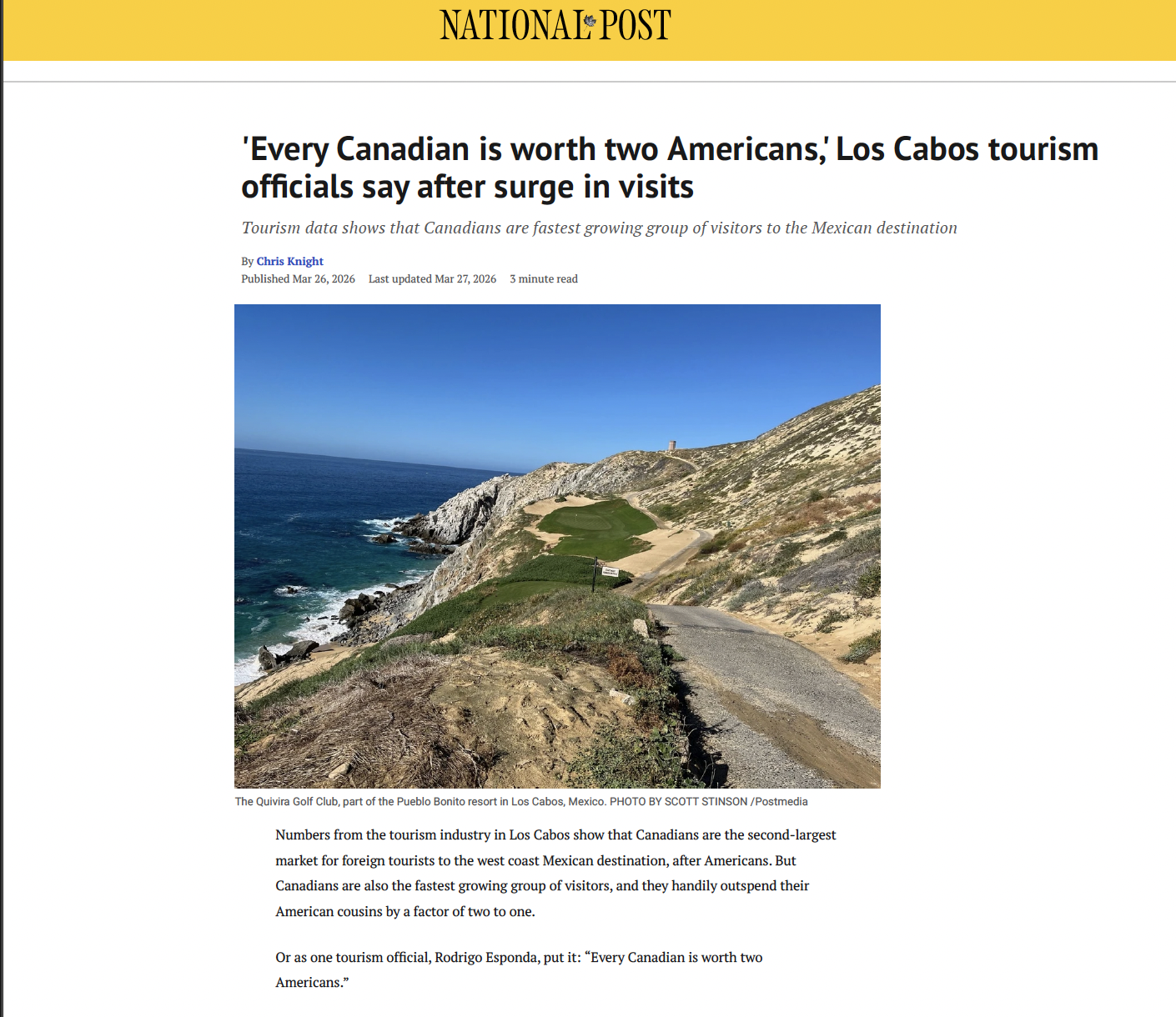 National Post: Every Canadian is worth two Americans,' Los Cabos tourism officials say after surge in visits