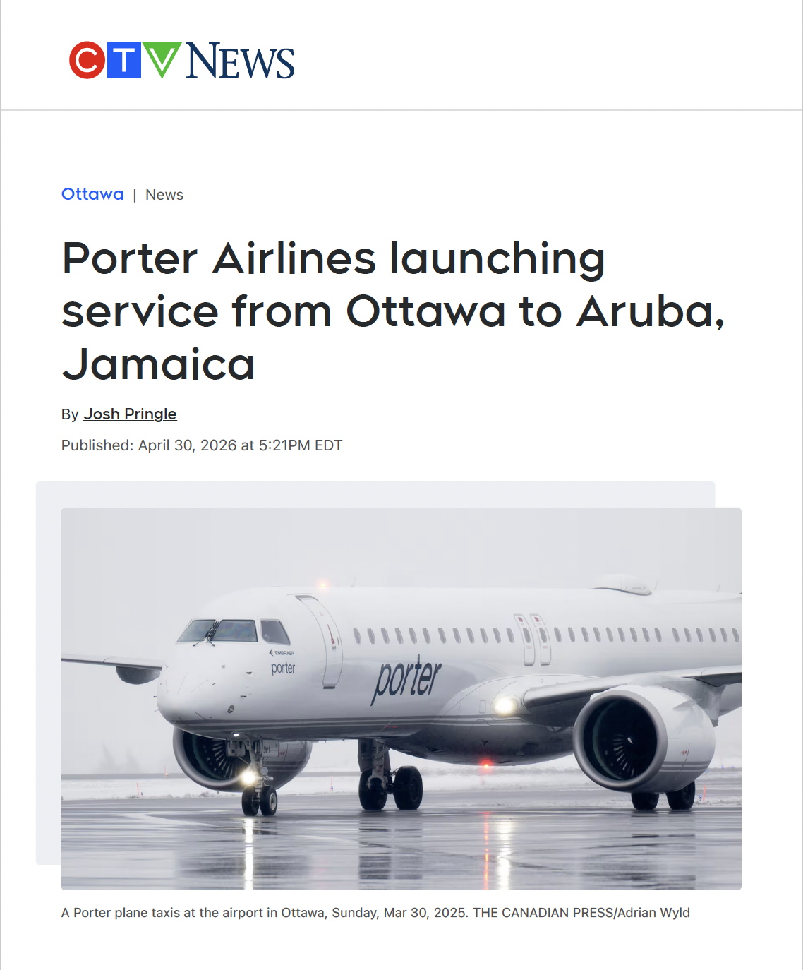 CTV News Ottawa: Porter Airlines launching service from Ottawa to Aruba, Jamaica