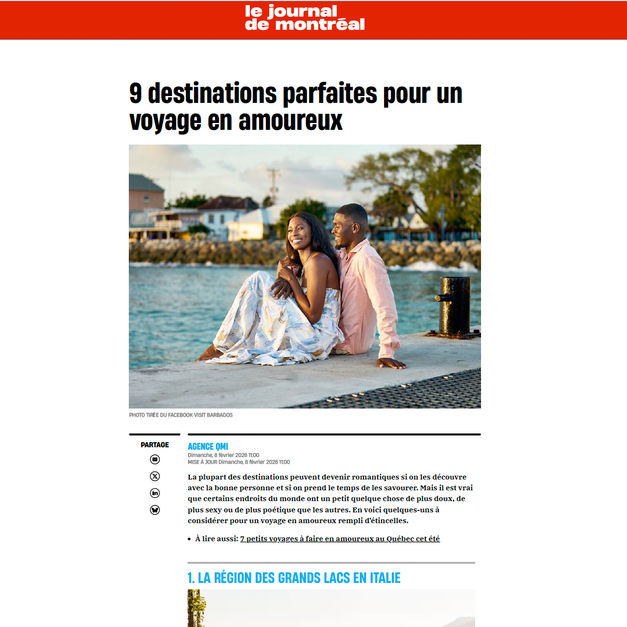 Le Journal de Montréal: 9 destinations parfaites pour un voyage en amoureux