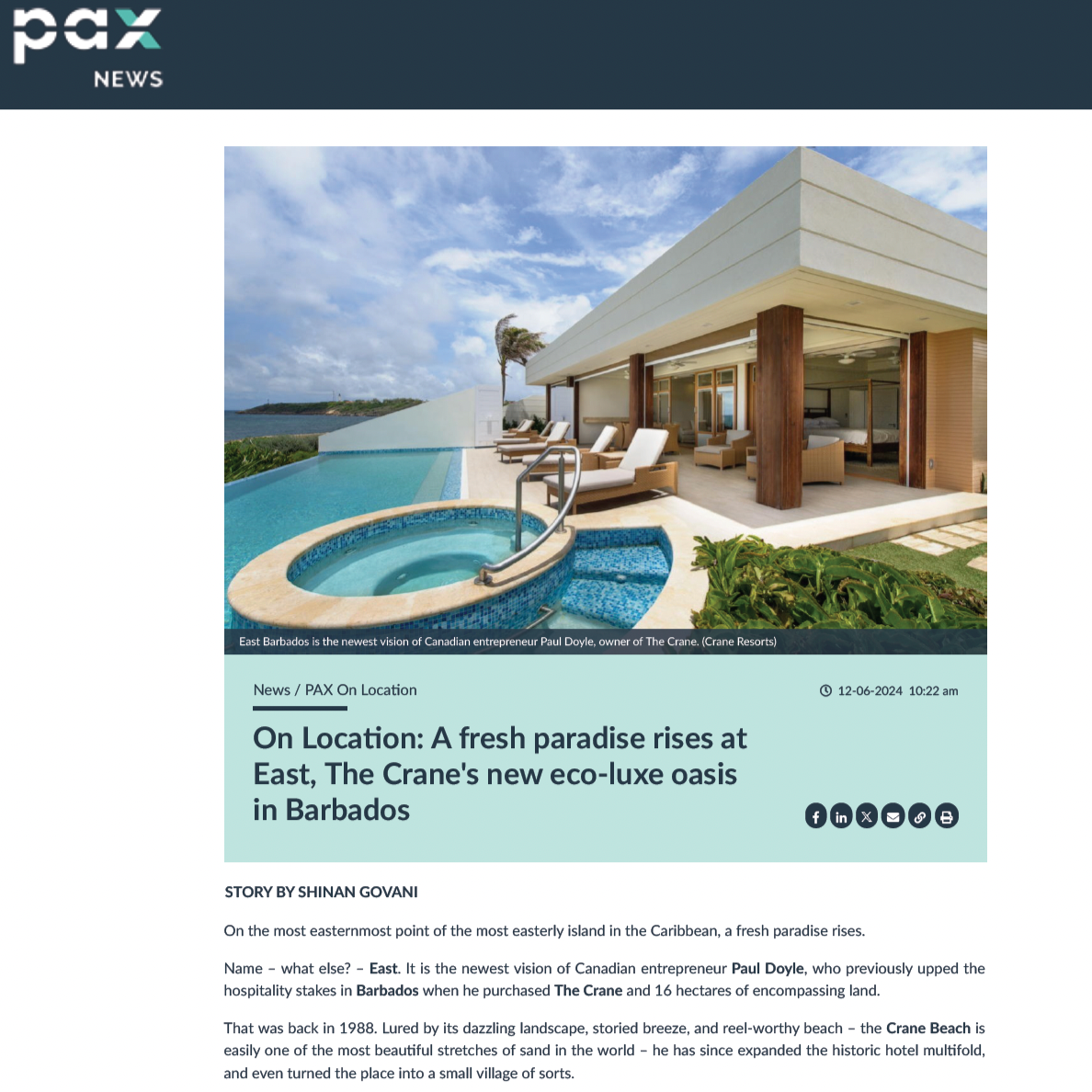 Pax News: On Location: A fresh paradise rises at East, The Crane's new eco-luxe oasis in Barbados