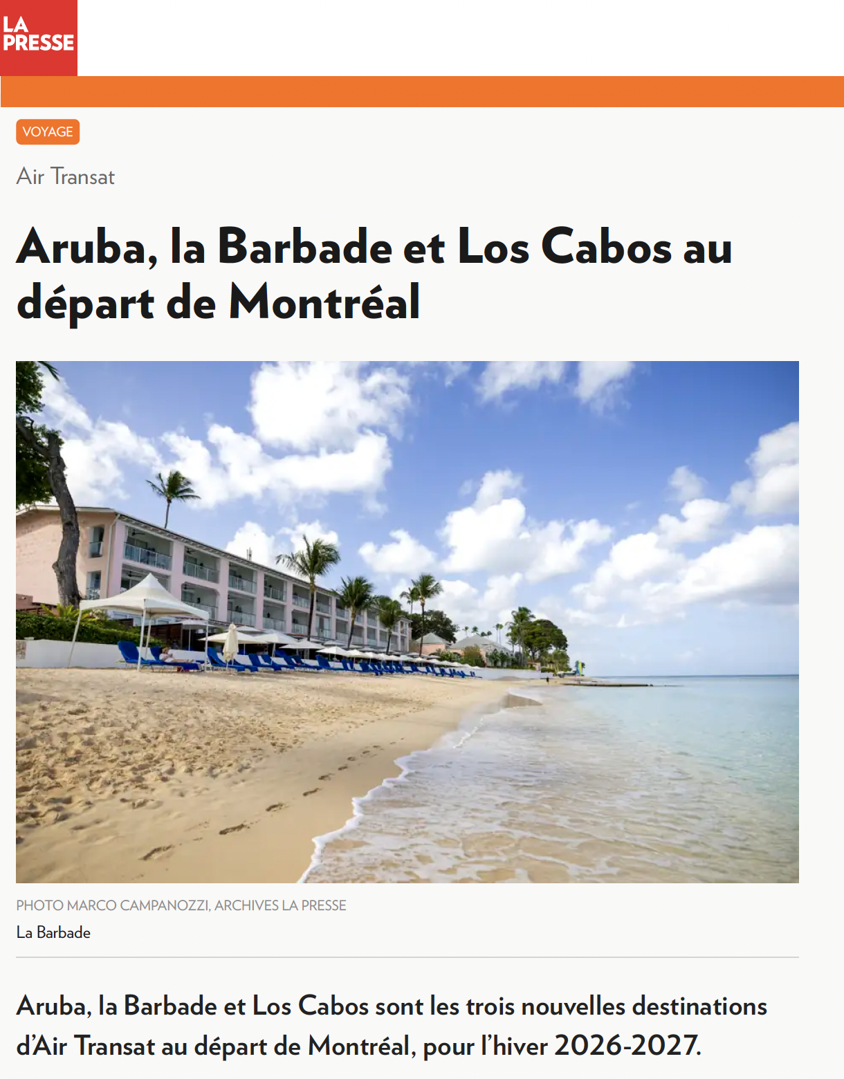 La Presse: Aruba, la Barbade et Los Cabos au départ de Montréal