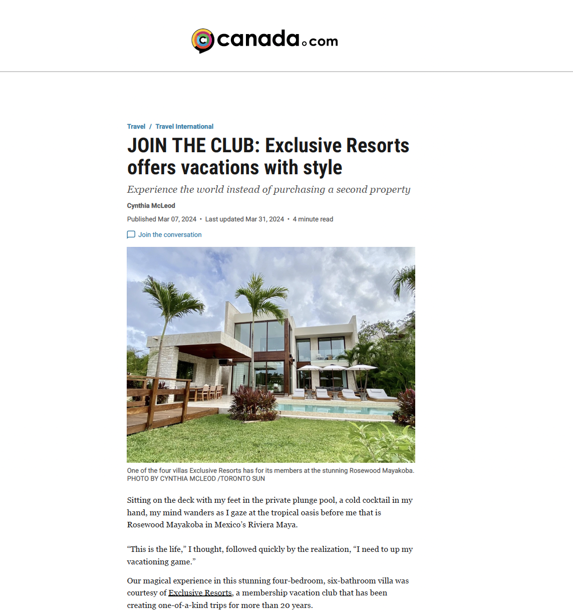 Canada.com: JOIN THE CLUB: Exclusive Resorts offers vacations with style