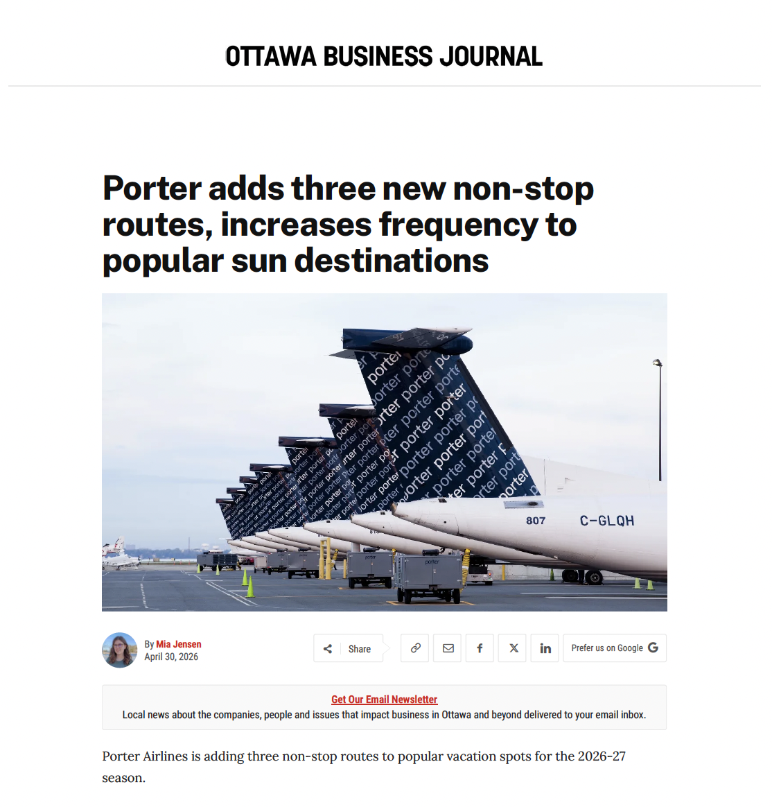 Ottawa Business Journal: Porter adds three new non-stop routes, increases frequency to popular sun destinations