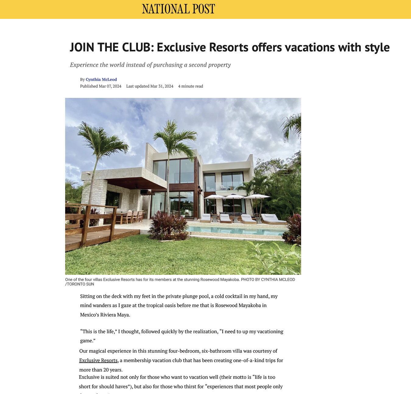 National Post: JOIN THE CLUB: Exclusive Resorts offers vacations with style