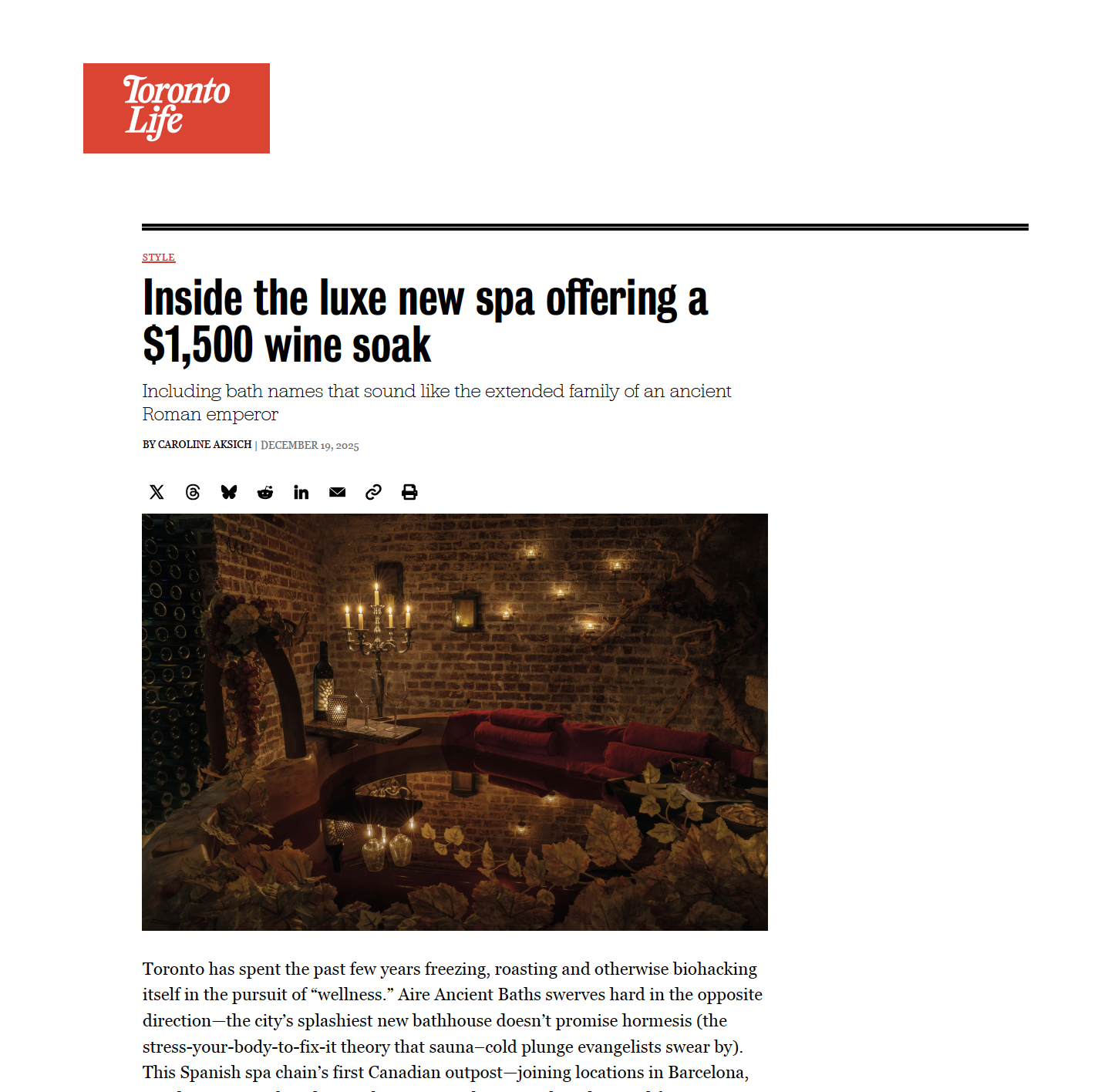 Toronto Life Magazine: Inside the luxe new spa offering a $1,500 wine soak