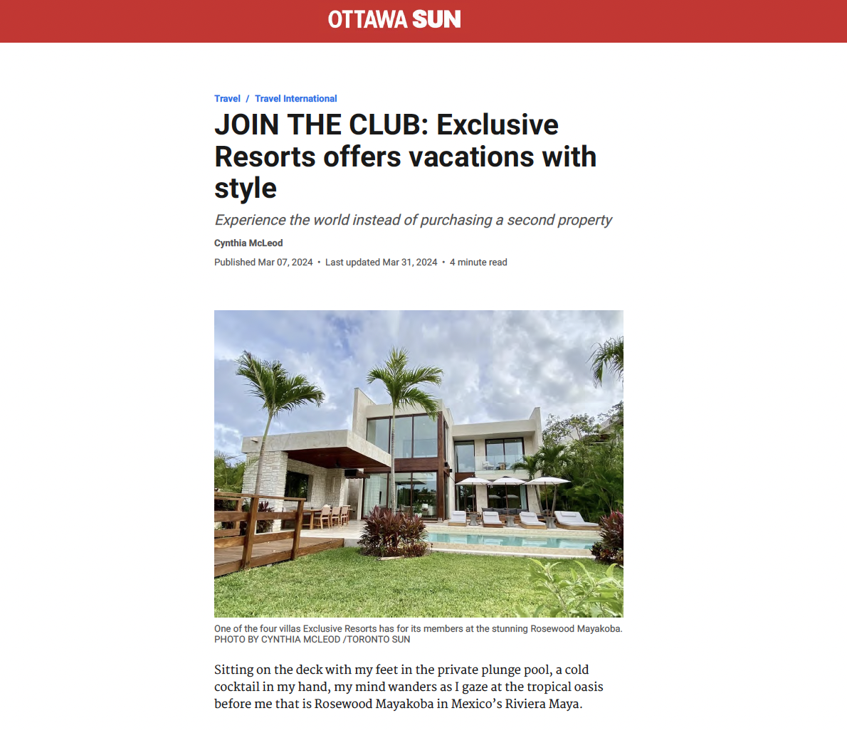 Ottawa Sun: JOIN THE CLUB: Exclusive Resorts offers vacations with style