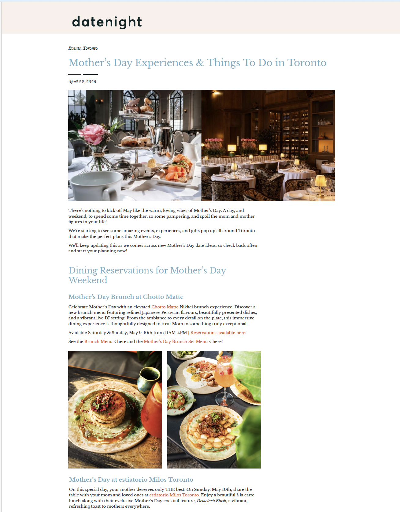 Date Night: Mother’s Day Experiences & Things To Do in Toronto