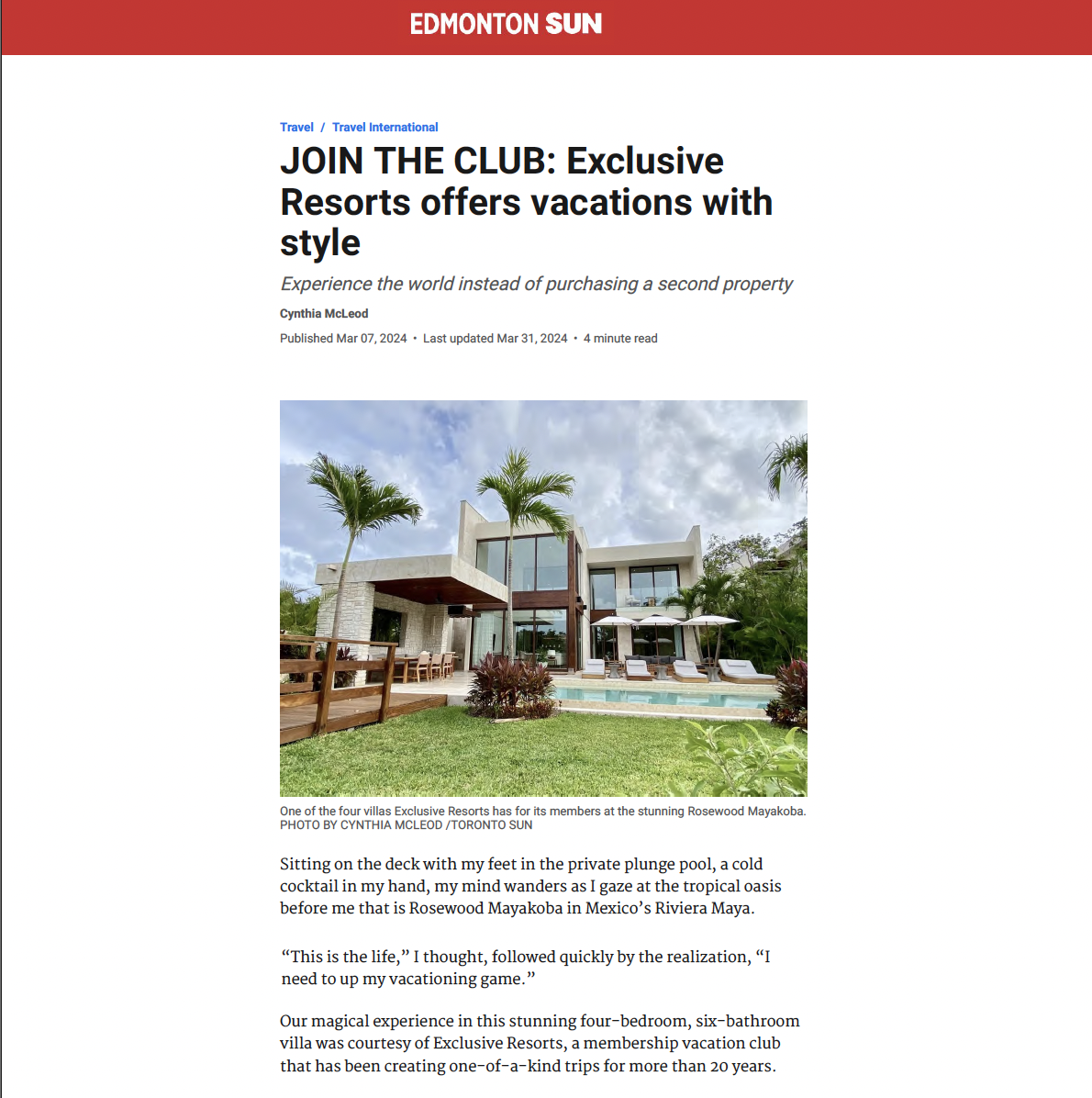 Edmonton Sun: OIN THE CLUB: Exclusive Resorts offers vacations with style