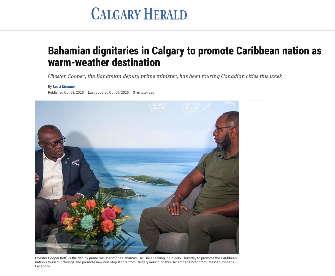 Calgary Herald: Bahamian dignitaries in Calgary to promote Caribbean nation as warm-weather destination