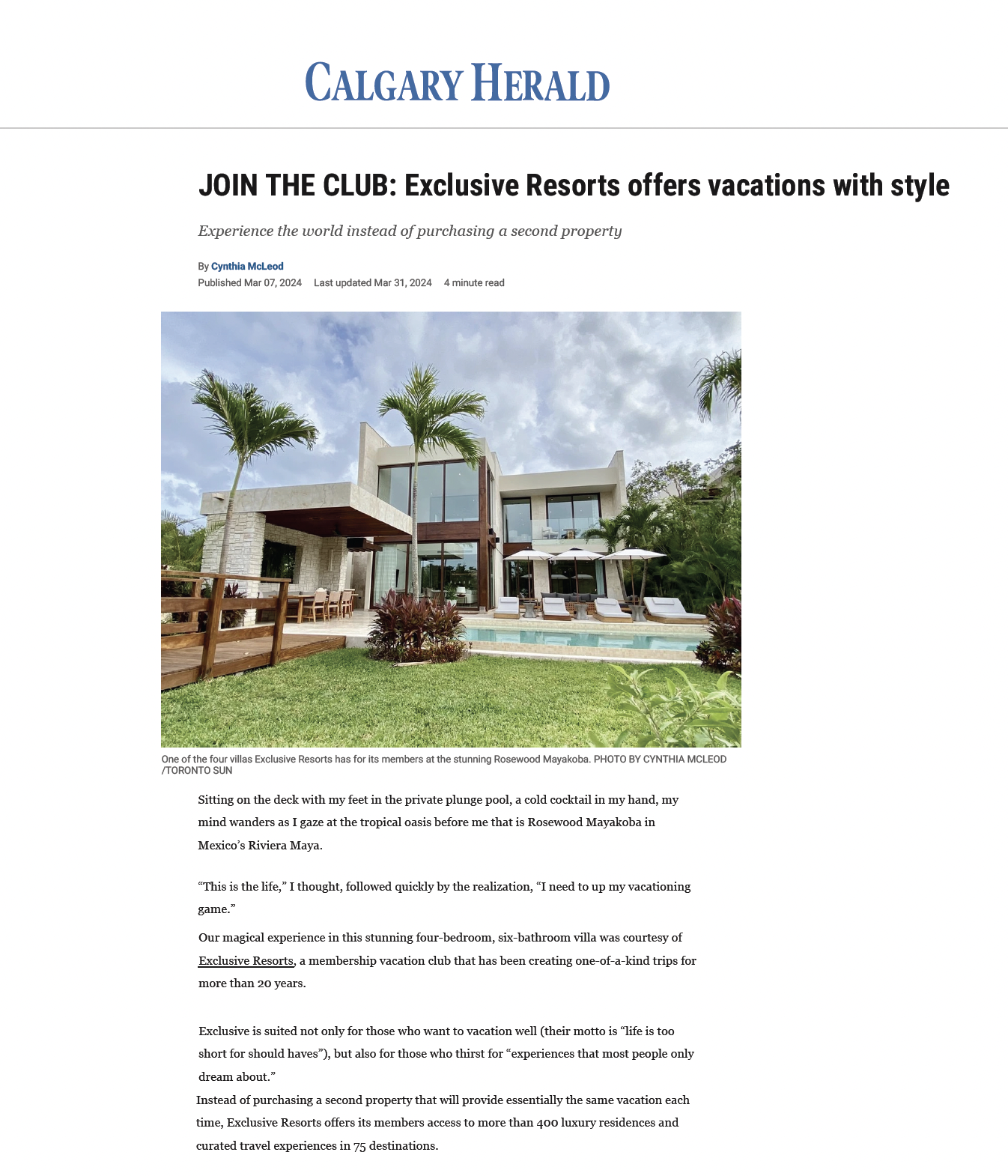 Calgary Herald: JOIN THE CLUB: Exclusive Resorts offers vacations with style